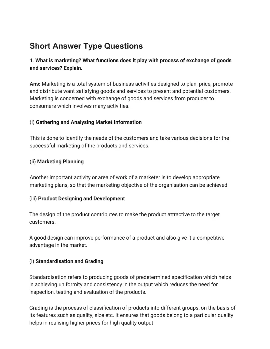 Marketing Short Answer Type Questions - Page 1