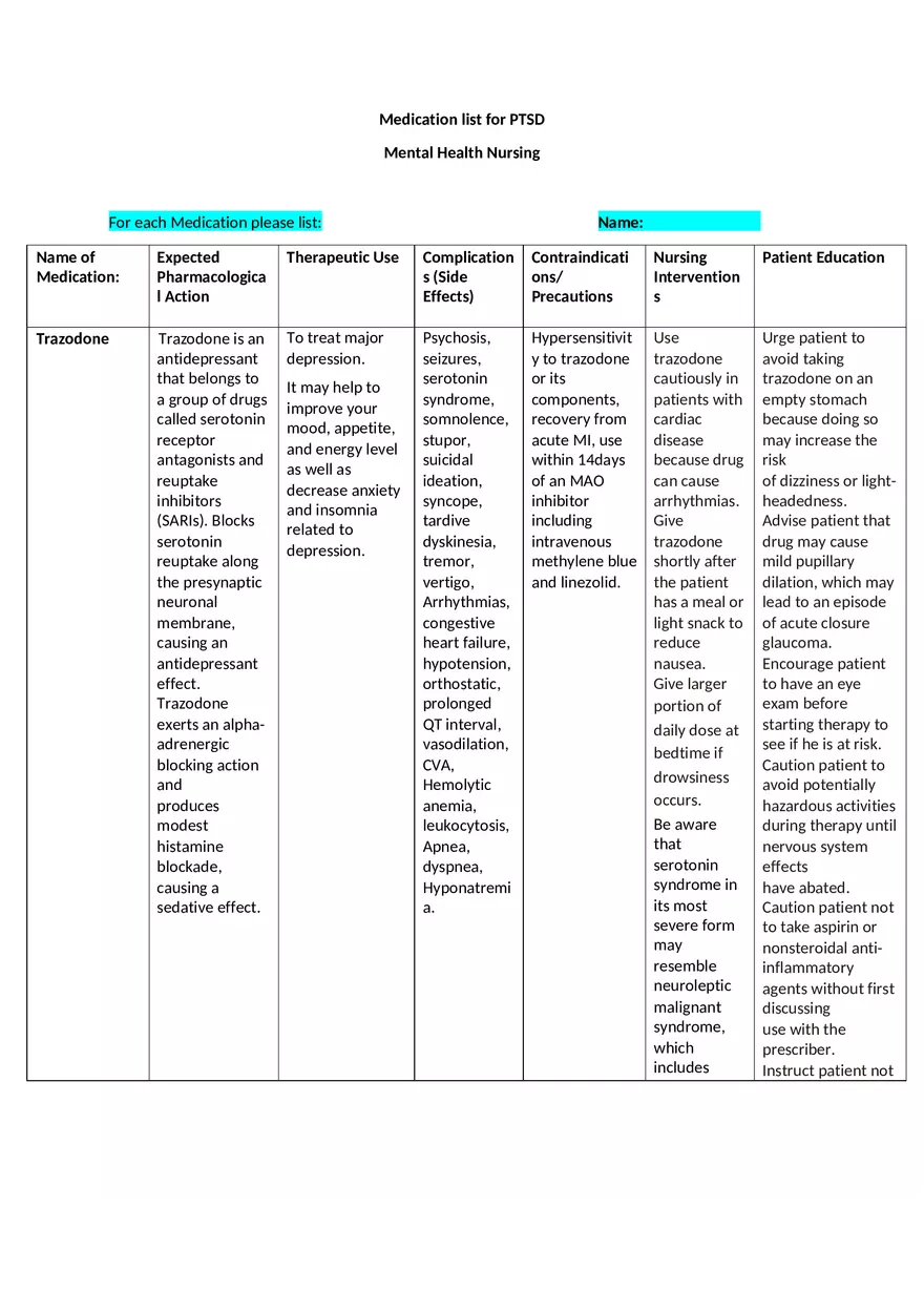 Medication List for PTSD - Page 1