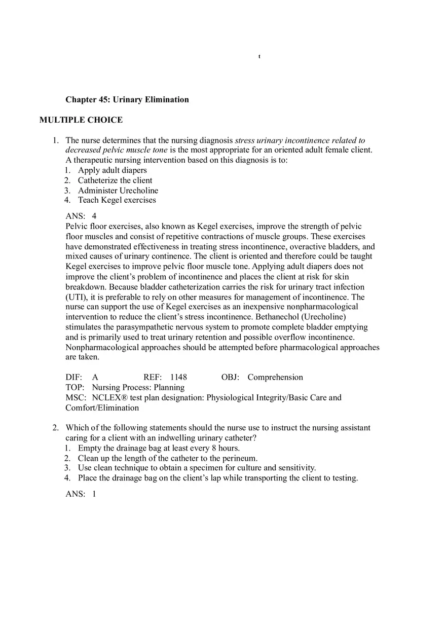 Chapter 45 Urinary Elimination Answers 1 - Page 1
