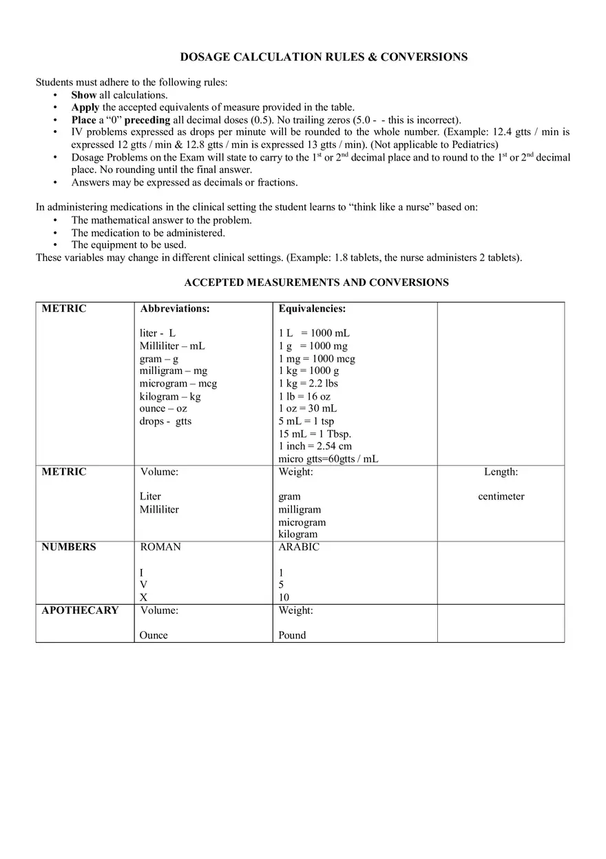 Dosage Calculations Rules and Conversions - Page 1