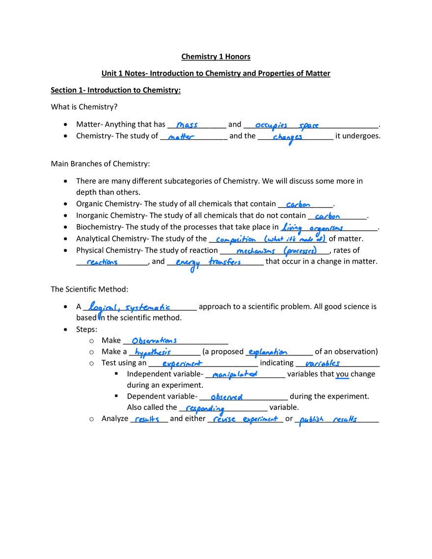 KEY- Unit 1 Notes Handouts - Page 1