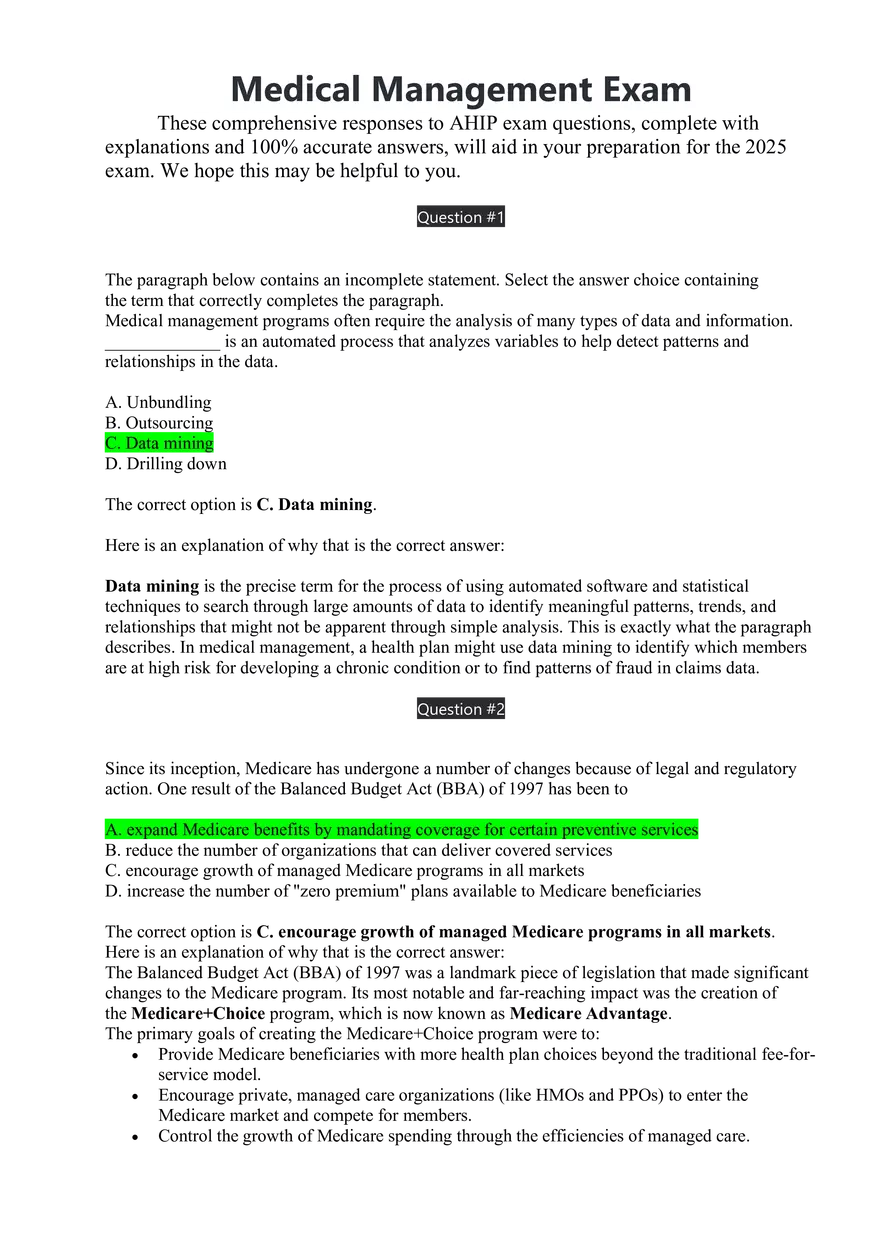Medical Management Exam Answer Key - Page 1