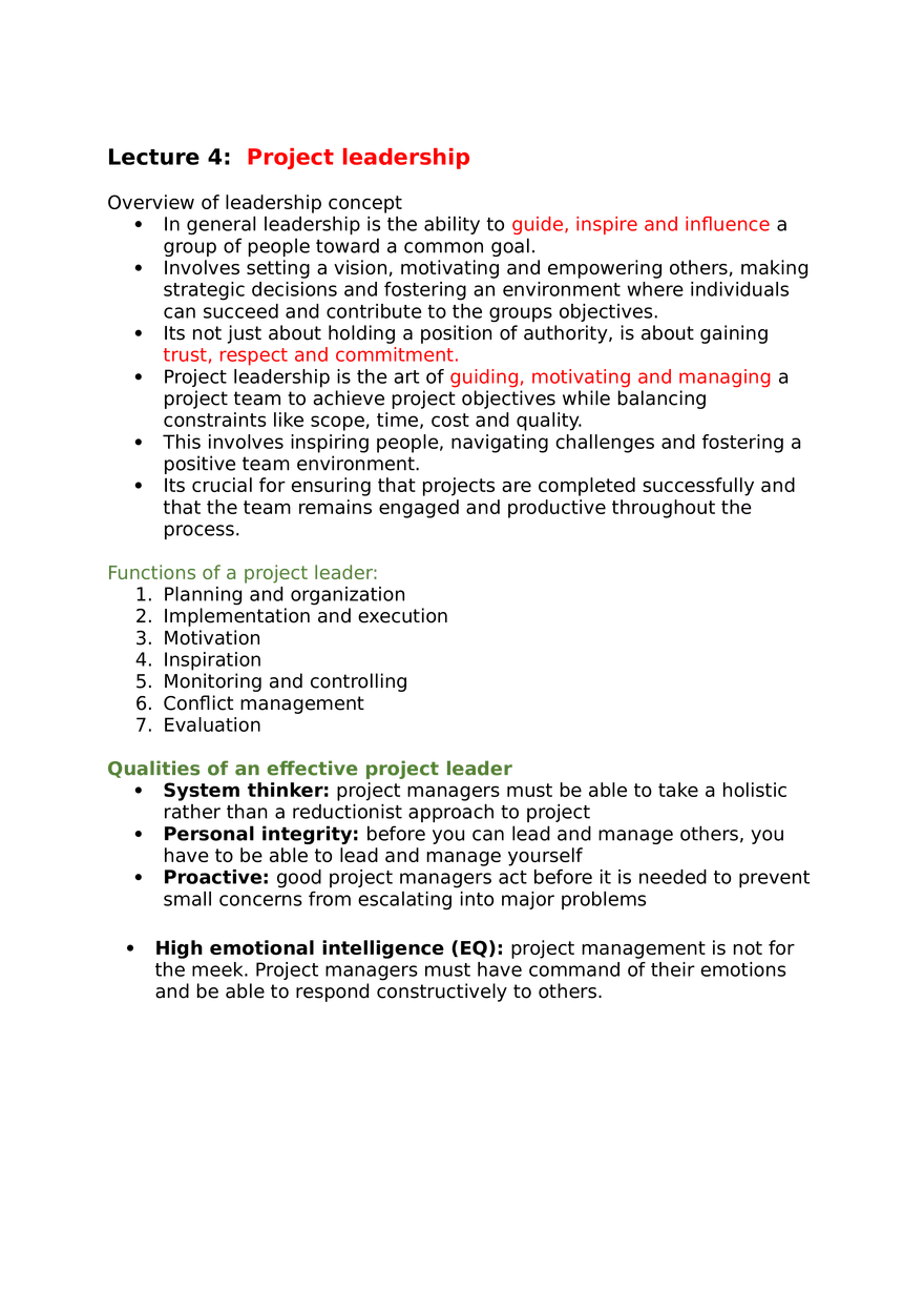 Project Management Lecture 4 Project Leadership - Page 1