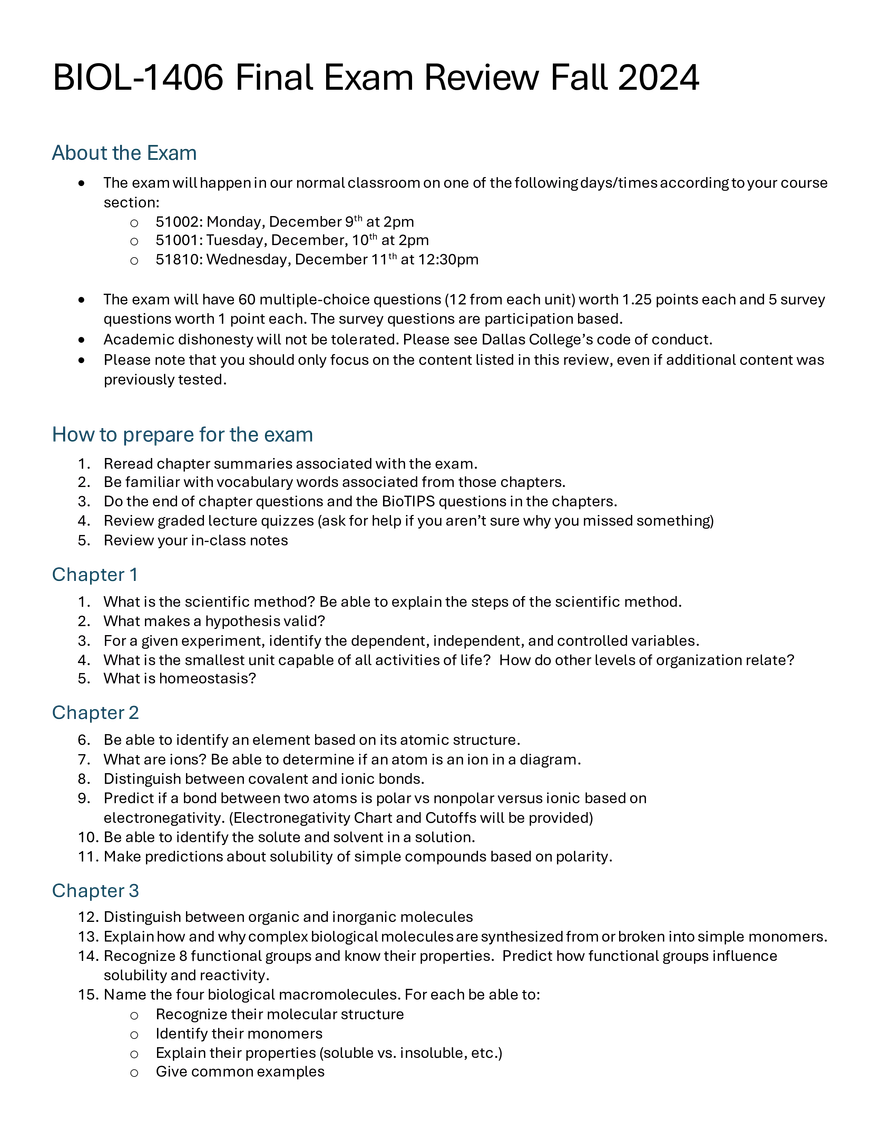 Biology Final Exam Review Fall 2024 - Page 1