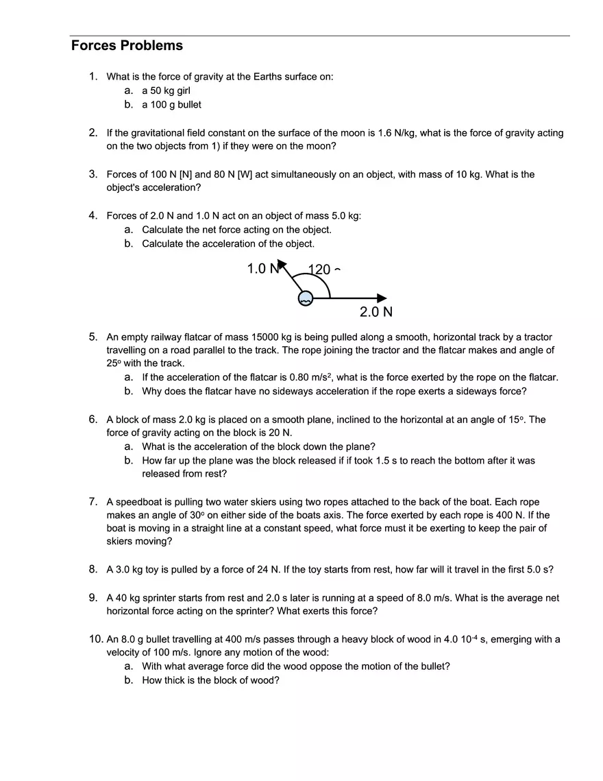 Forces Problems Worksheet - Page 1