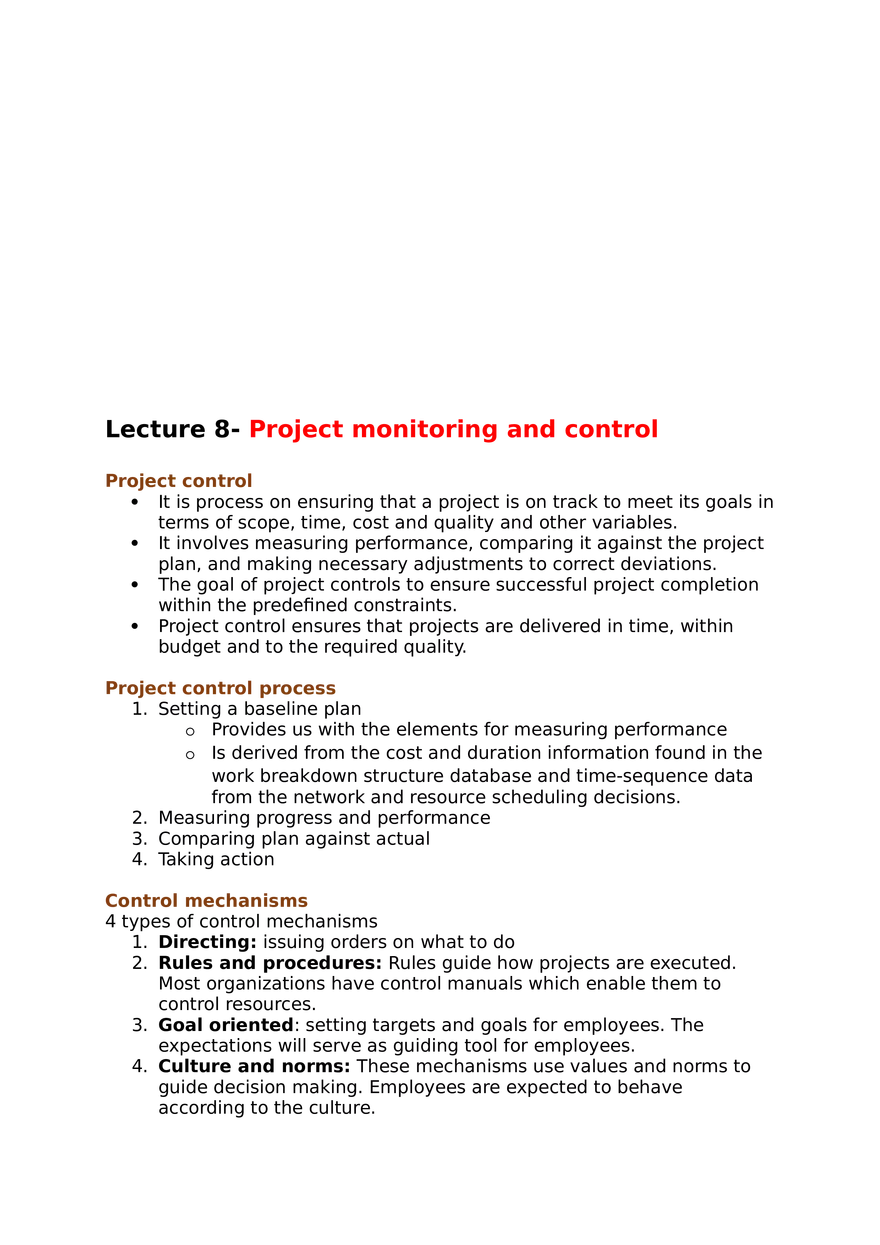 Project Management Lecture 8 Project Monitoring and Control - Page 1