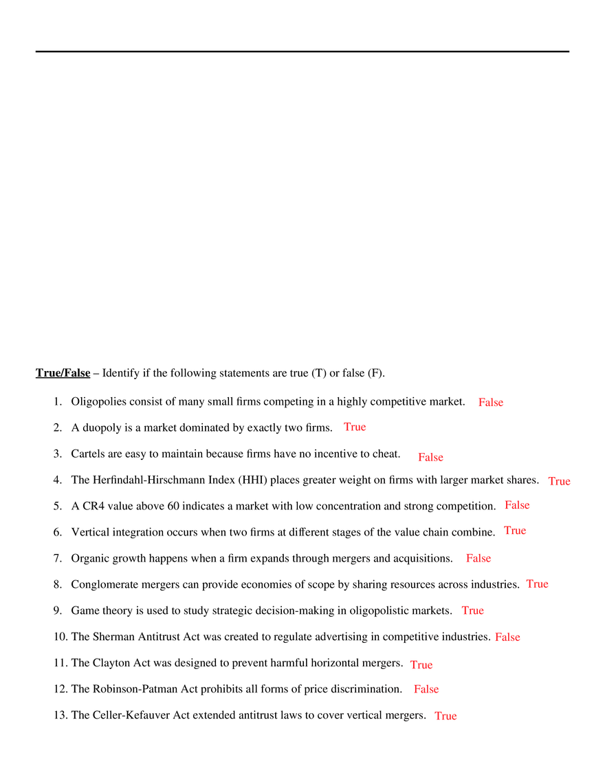 Module 8 Oligopoly True False - Page 1