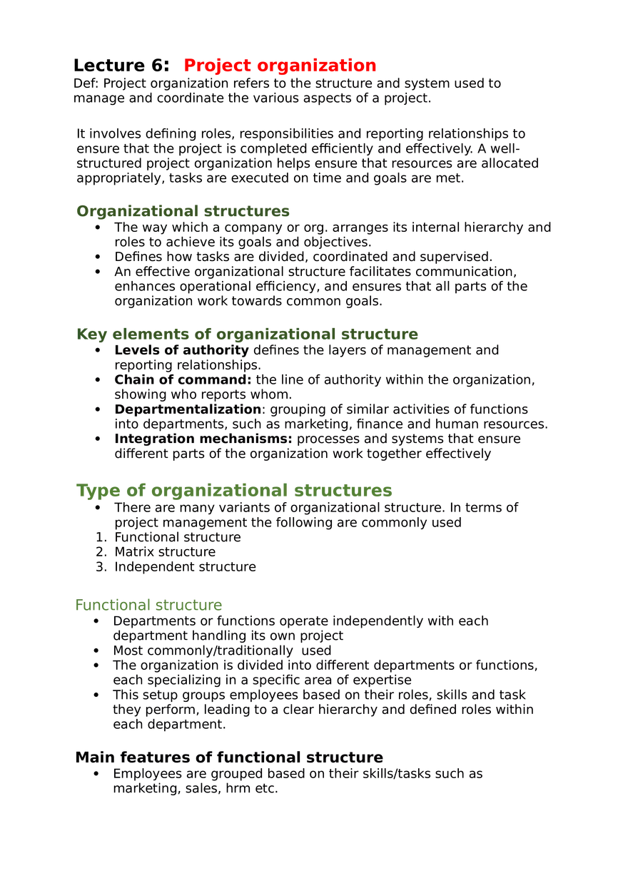 Project Management Lecture 6 Project Organization - Page 1