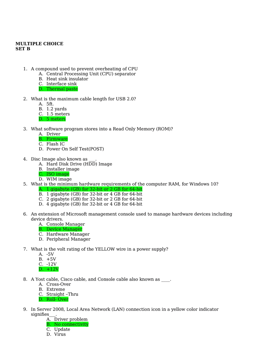 Computer Systems Servicing Written Exam  Set B - Page 1