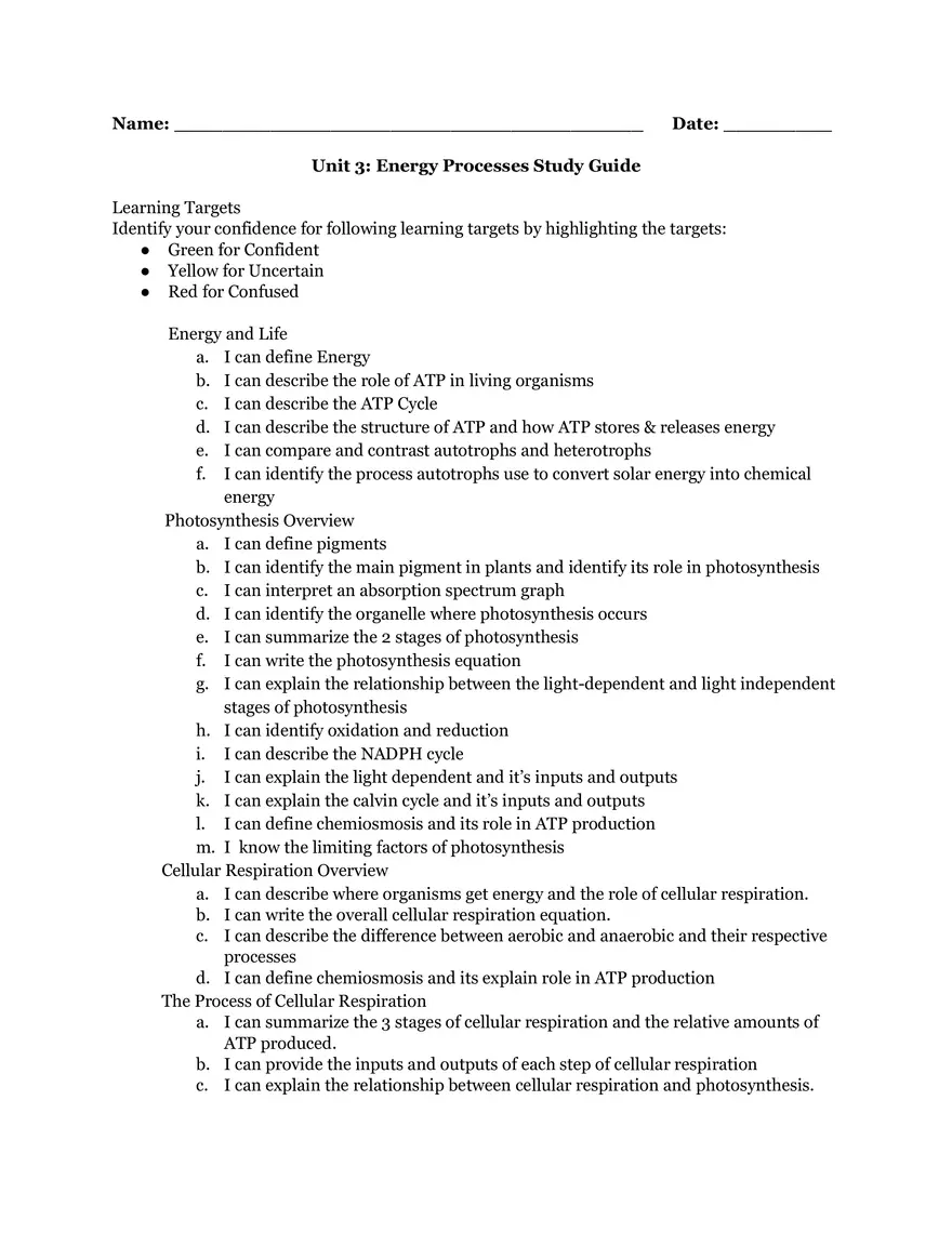 Unit 3 Energy Processes Study Guide - Page 1