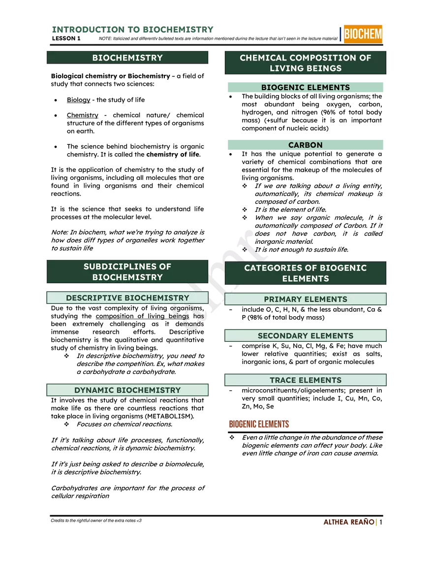 Introduction To Biochemistry: Lesson 1 - Page 1