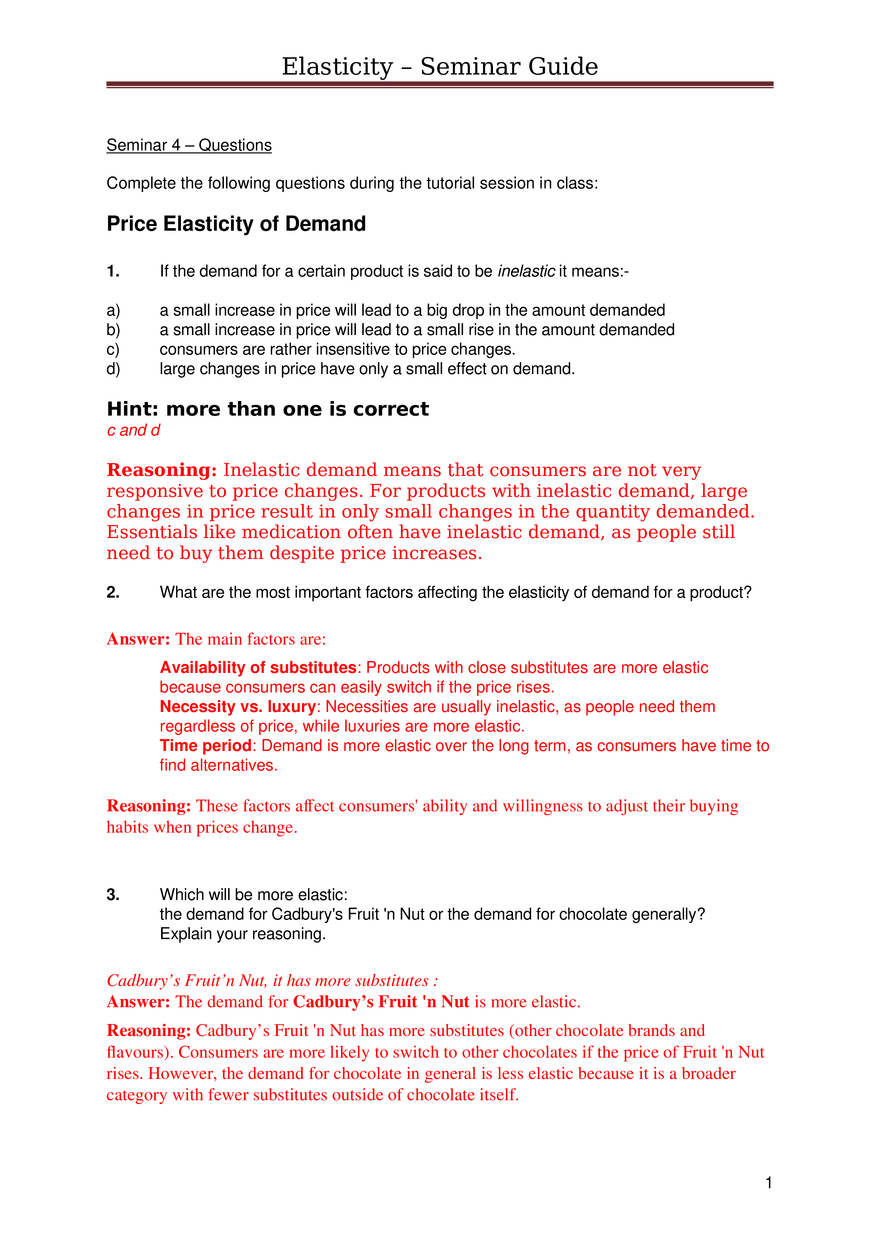 Price Elasticity of Demand Answers - Page 1