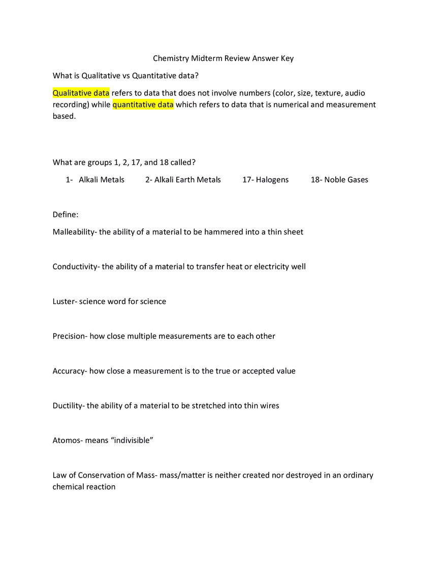 Chemistry Midterm Review Answer Key - Page 1
