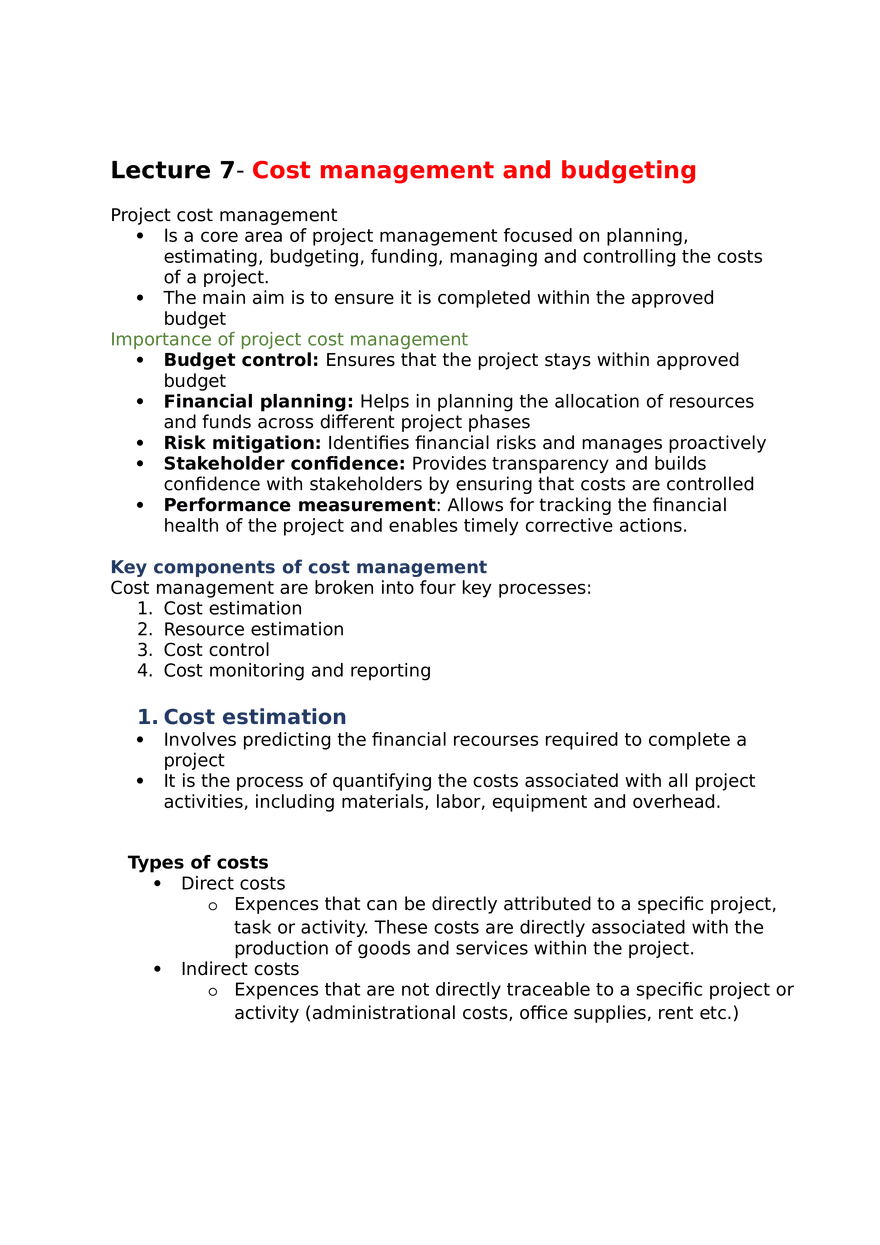 Project Management Lecture 7 Cost Management and Budgeting - Page 1