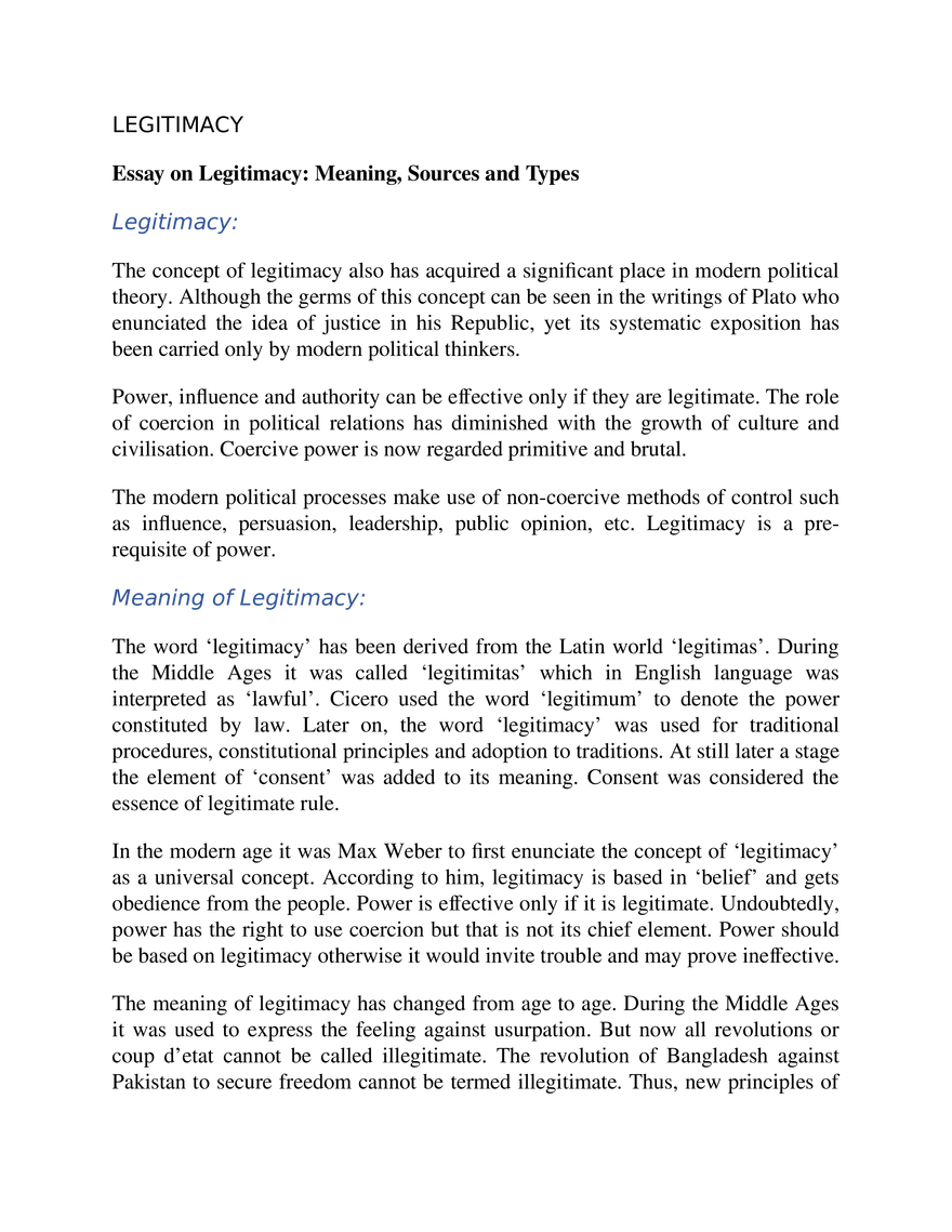 Essay on Legitimacy. Meaning, Sources and Types - Page 1