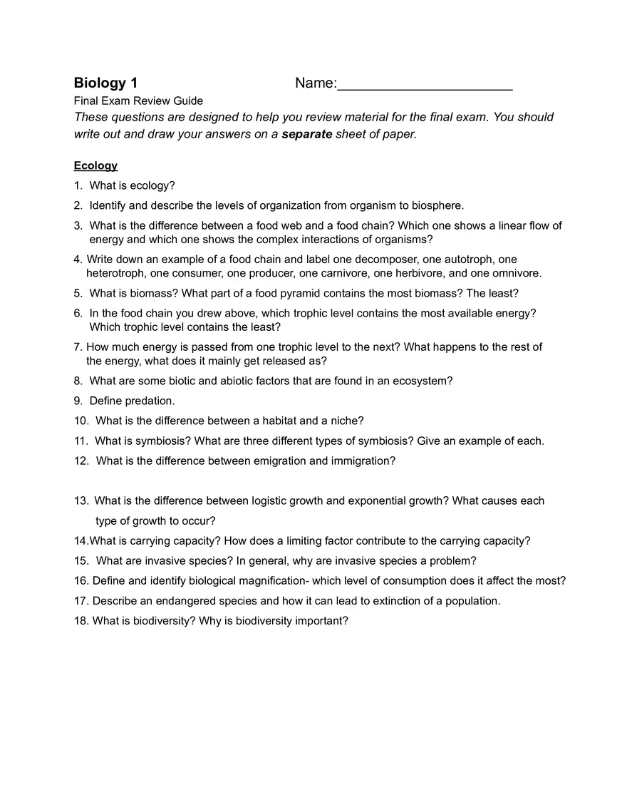 Biology 1 Final Exam Review Guide - Page 1