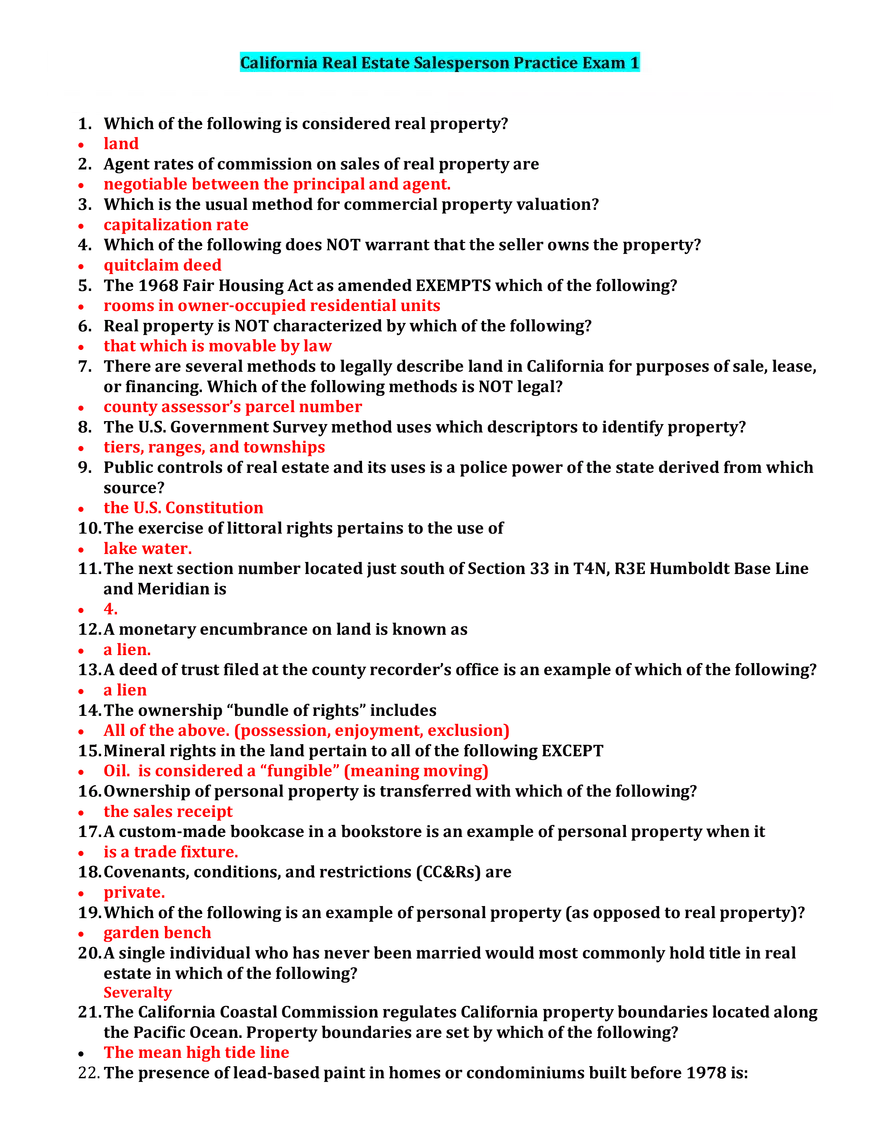 California Real Estate Salesperson Practice Exam 1 - Page 1