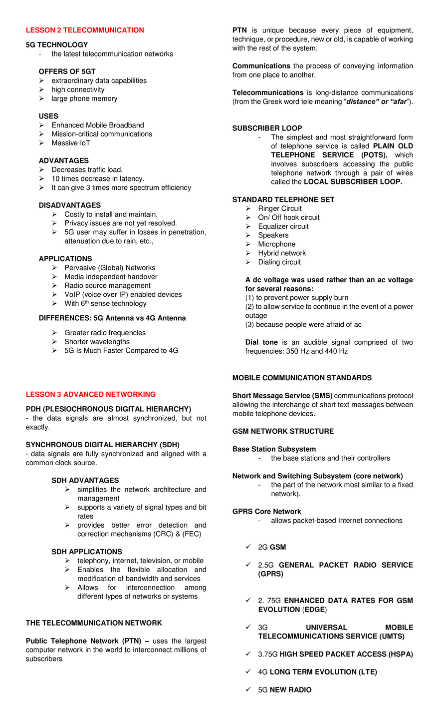Lesson 2 Telecommunication,  Lesson 3 Advanced Networking - Page 1
