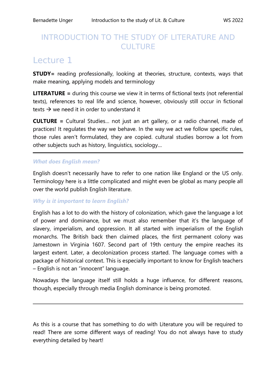 Lecture 1-11: Introduction to English Literature and Culture - Page 1