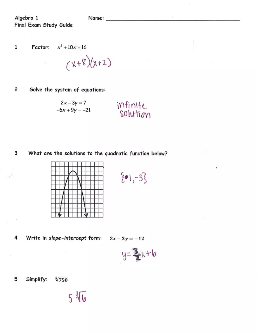 Algebra 1 Final Exam - Page 1