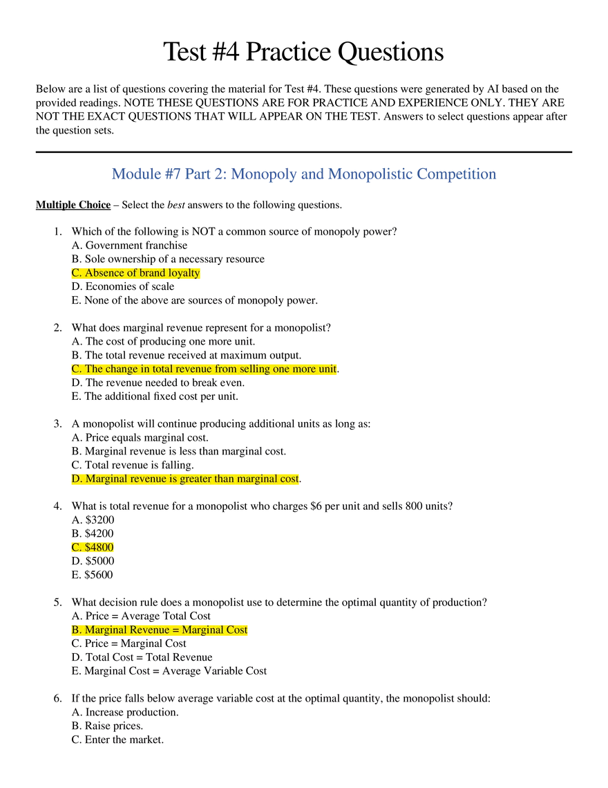 Module 7 Monopoly and Monopolistic Competition Multiple Choice - Page 1