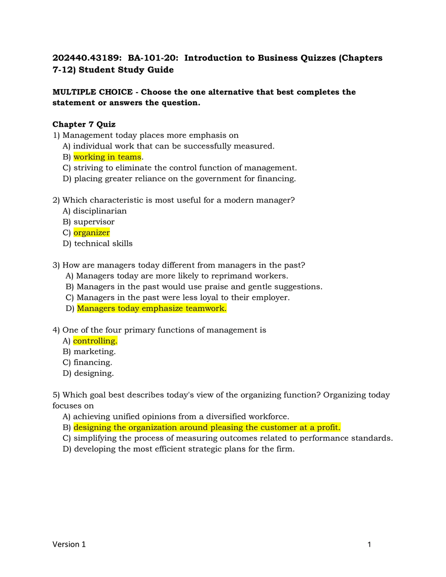 Introduction to Business Quiz Chapter 7 - Page 1