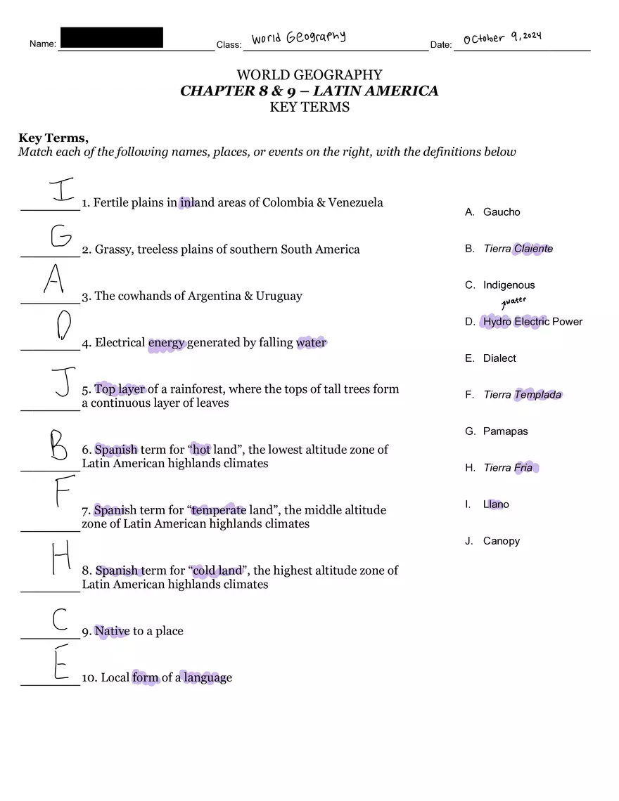 World Geography Latin America Key Terms - Page 1