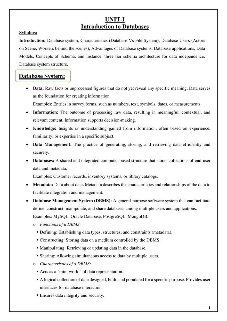 Unit- I: Introduction to Databases - Page 1