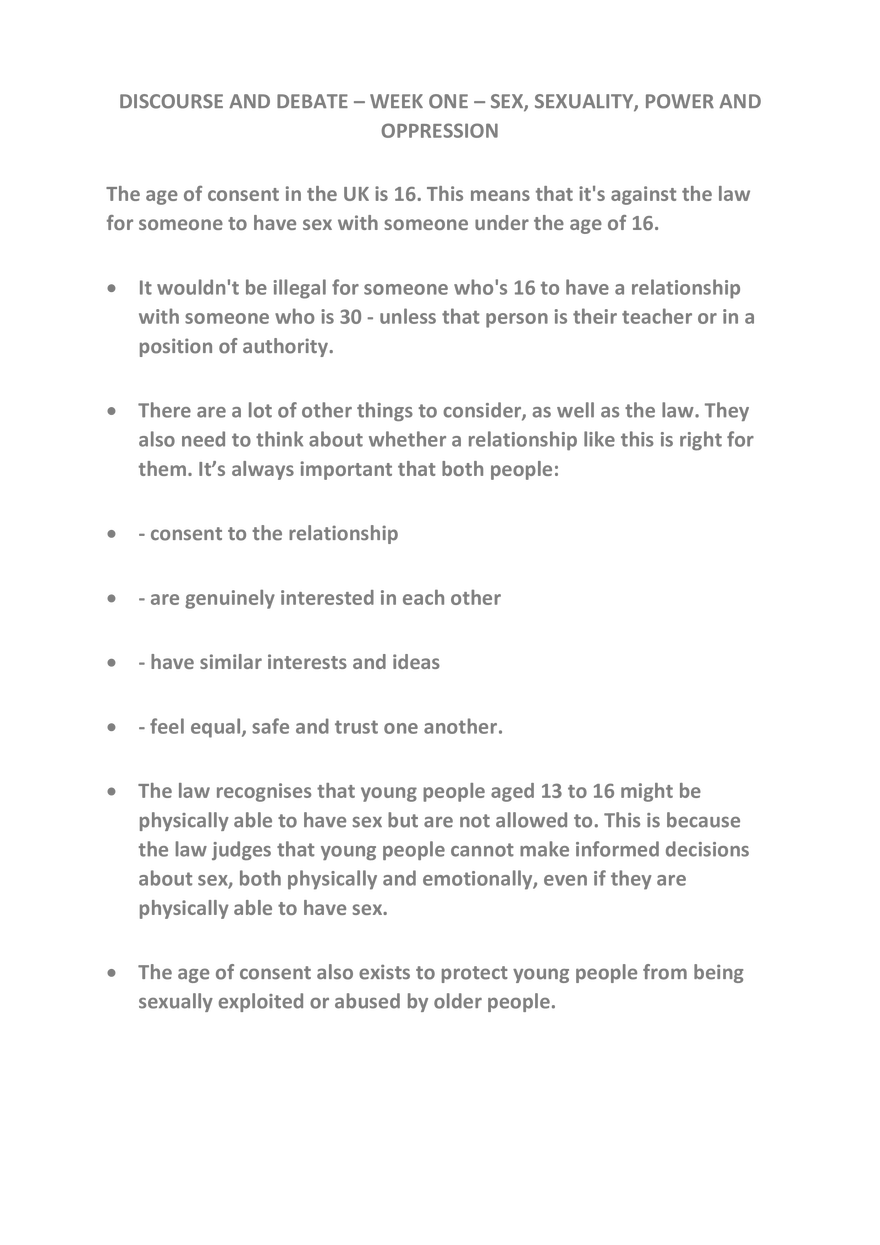 Week One - Sex, Sexuality, Power and Oppression - Discourse - Page 1