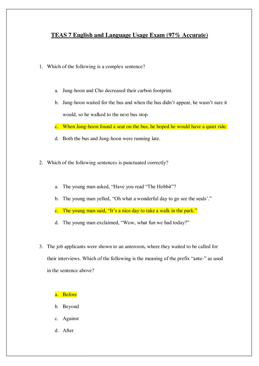 TEAS 7 English and Language Usage Exam - Page 1