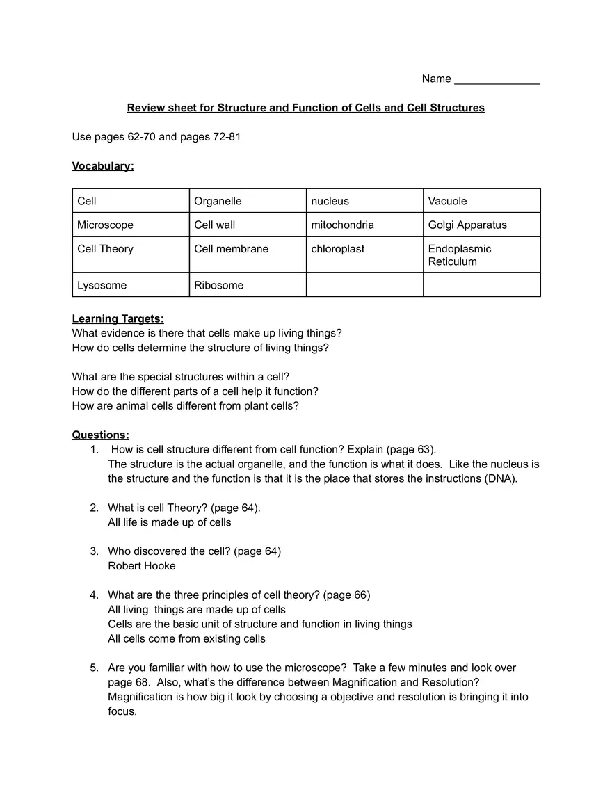 Review Sheet for Structure and Function of Cells and Cell Structures - Page 1