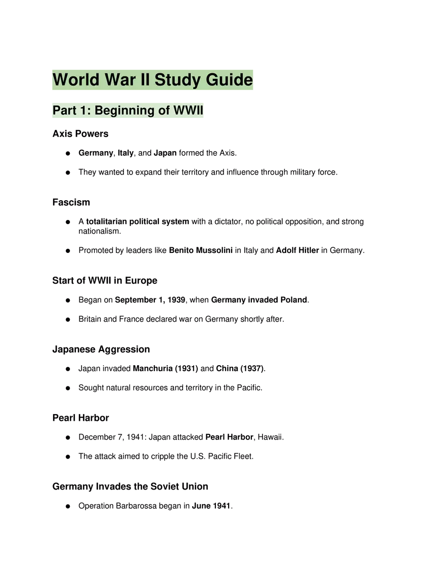 World War II Study Guide - Page 1