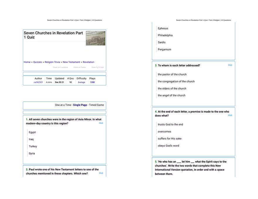 Seven Churches in Revelation Part 1 Quiz - Page 1
