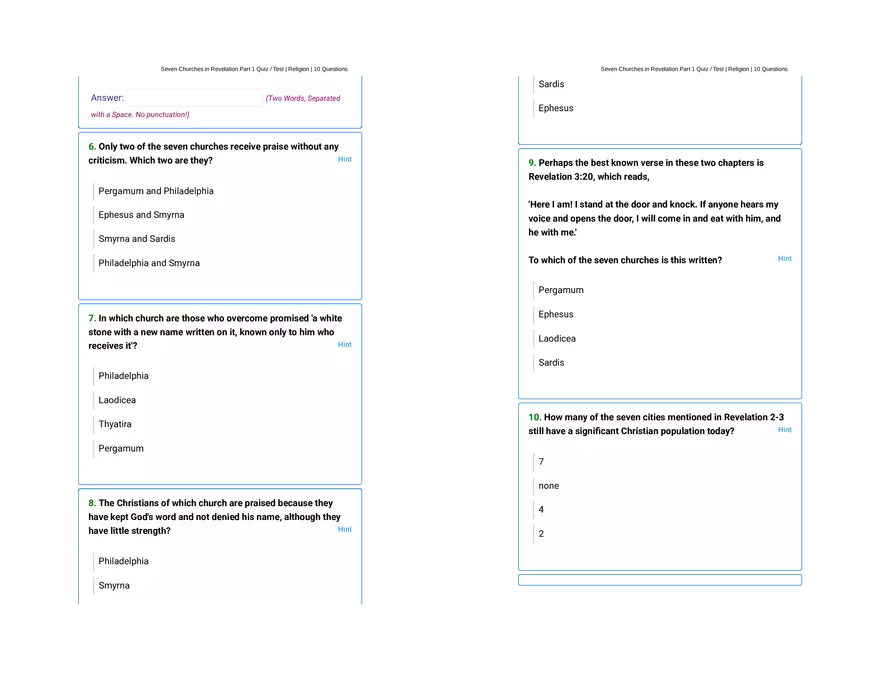 Seven Churches in Revelation Part 1 Quiz - Page 2