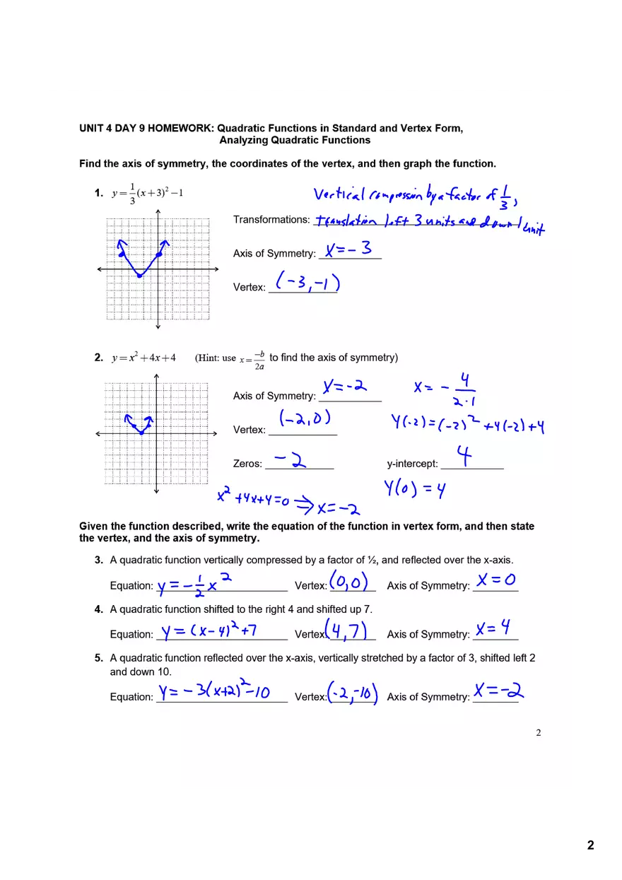 Algebra Unit 2 Day 9 Homework - Page 1