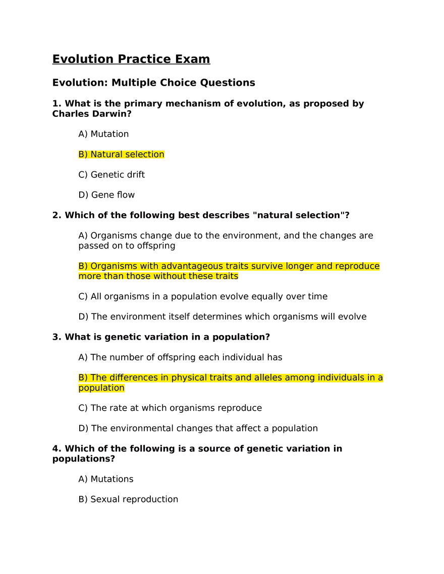 Evolution Practice Exam - Page 1
