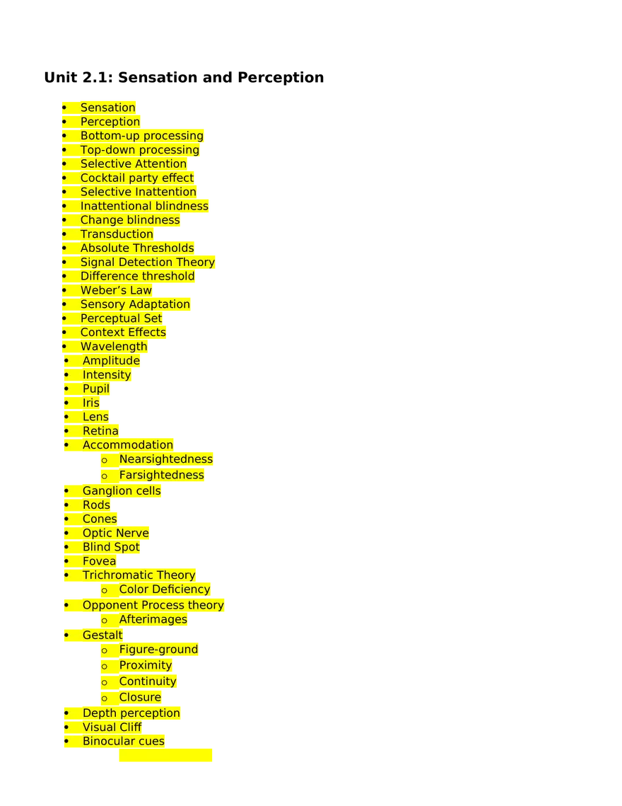 Unit 2.1 Sensation and Perception - Page 1