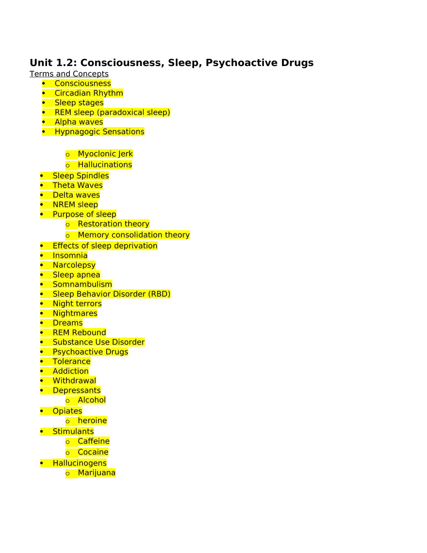 Unit 1.2 Consciousness, Sleep, Psychoactive Drugs - Page 1