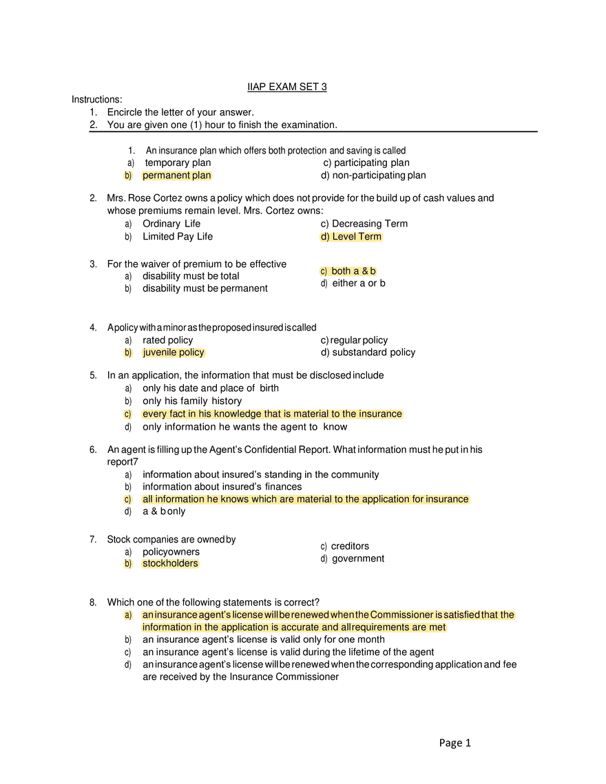General Insurance Exam Questions and Answers - Page 1