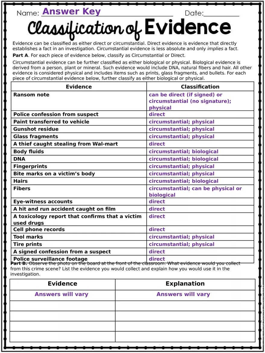 Classification of Evidence Worksheet Answers - Page 1