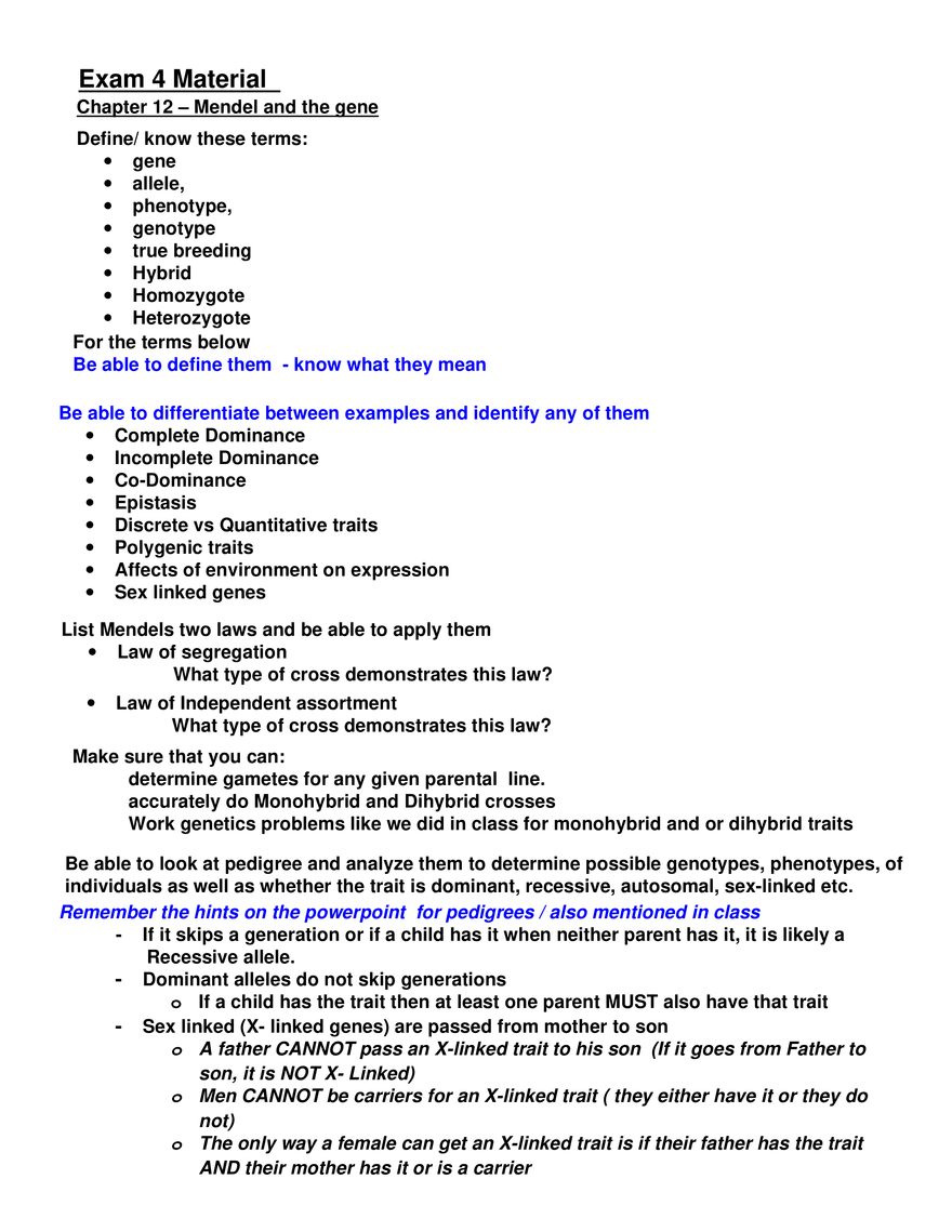 Review Sheet for Biology Exam 4 - Page 1