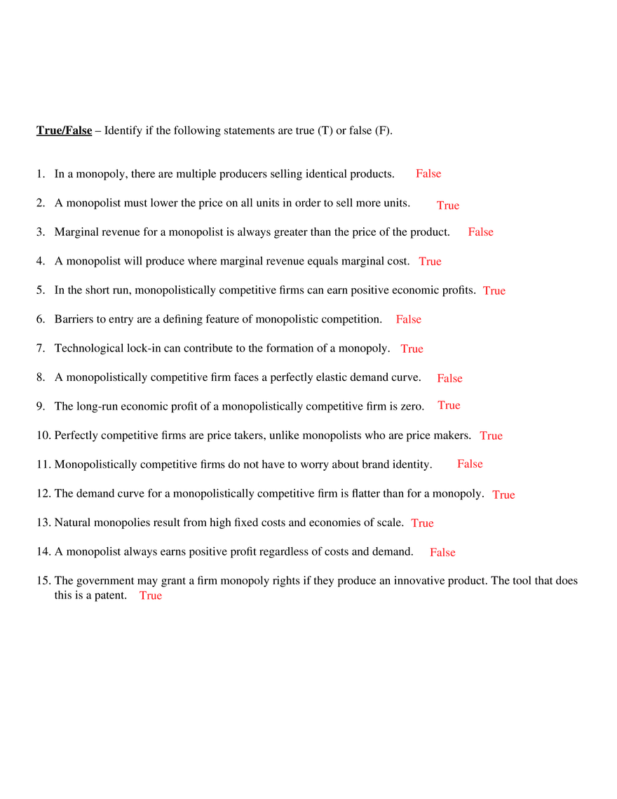 Module 7 Monopoly and Monopolistic Competition True False - Page 1