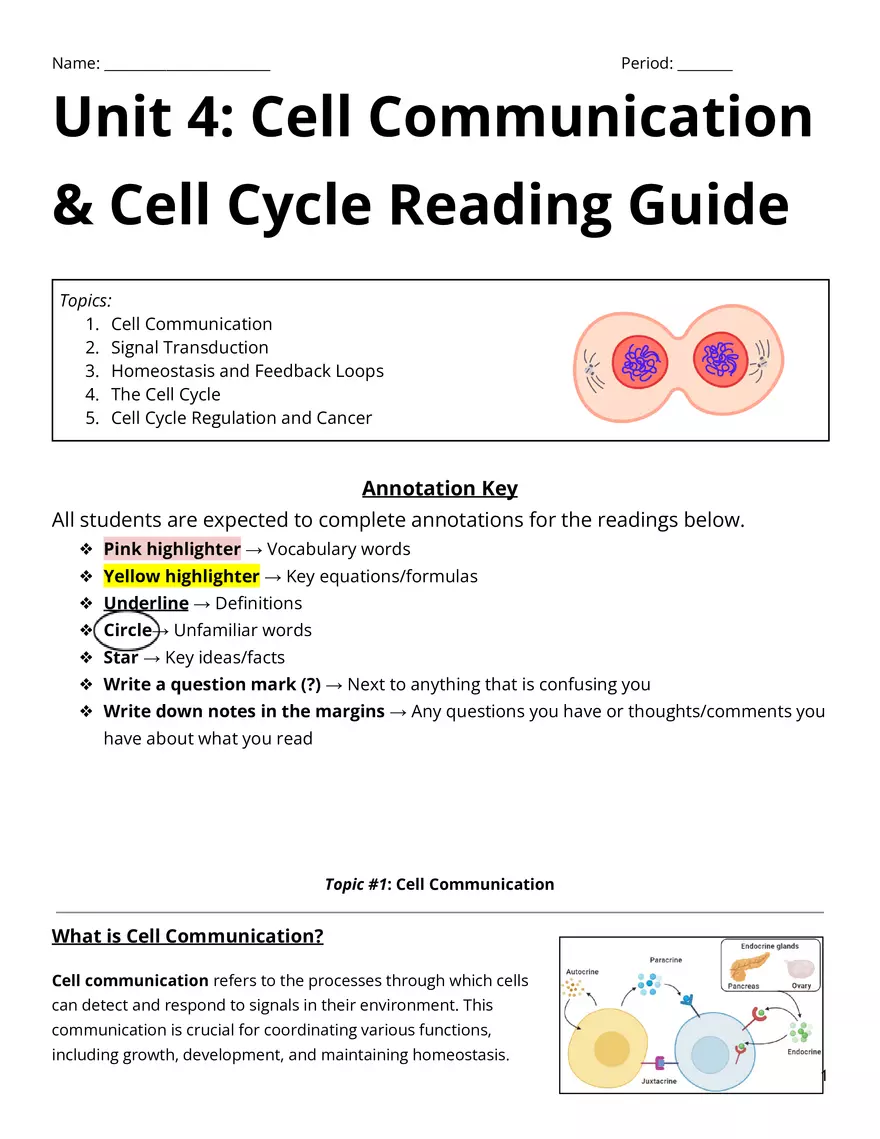 Cell Communication & Cell Cycle Reading Guide - Page 1