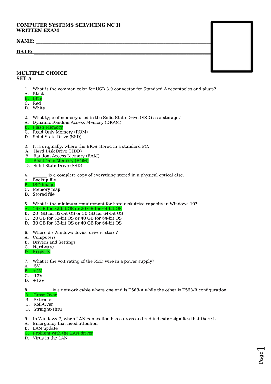 Computer Systems Servicing Written Exam  Set A - Page 1