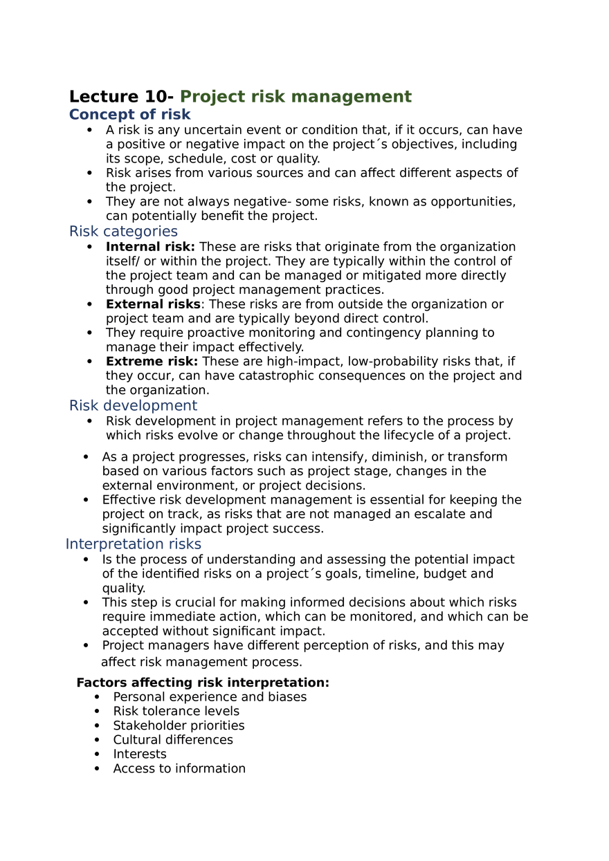 Project Management Lecture 10 Project Risk Management - Page 1