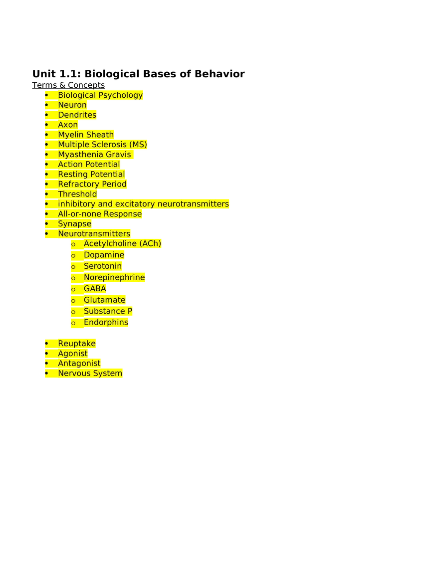 Unit 1.1 Biological Bases of Behavior - Page 1