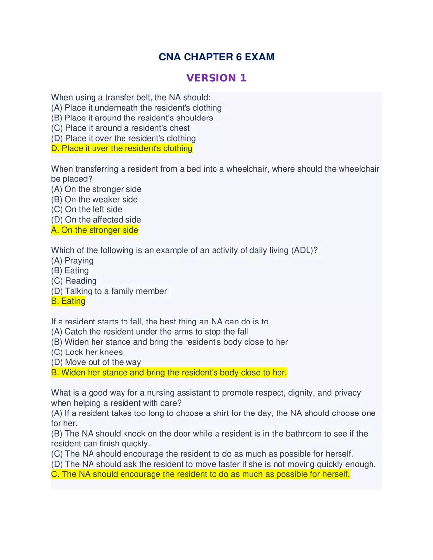 CNA Chapter 6 Exam - Page 1