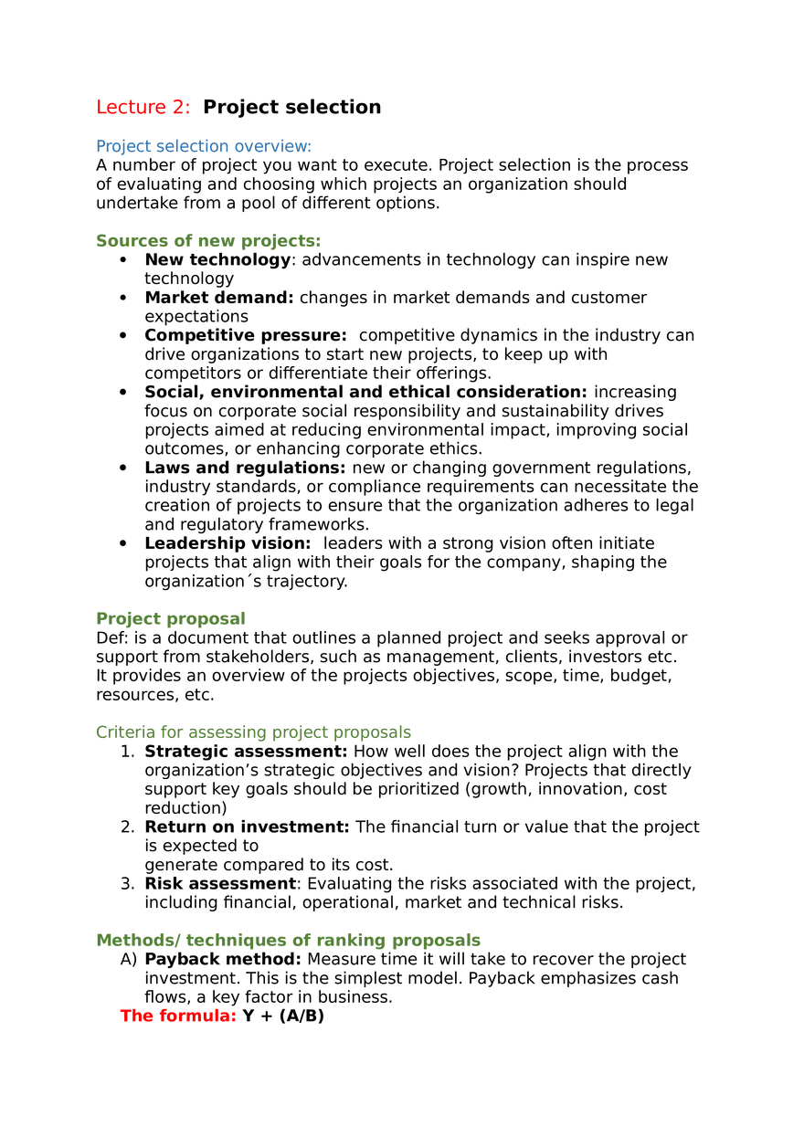 Project Management Lecture 2 Project Selection - Page 1