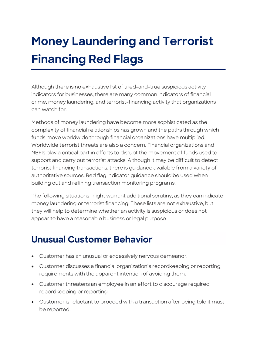 Money Laundering and Terrorist Financing Red Flags - Page 1