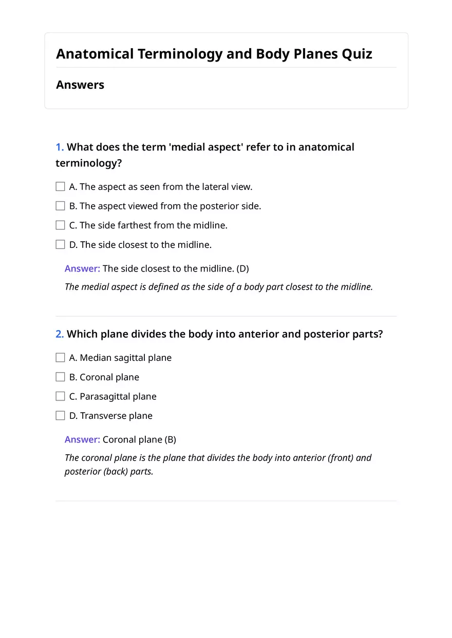 Anatomical Terminology and Body Planes Quiz Answers - Page 1
